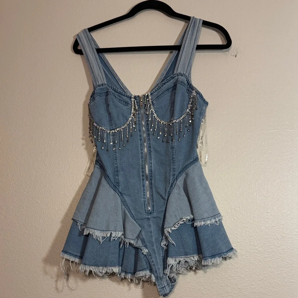Hot & Delicious Denim Jumpsuit with Silver Accents - Picture 3 of 10